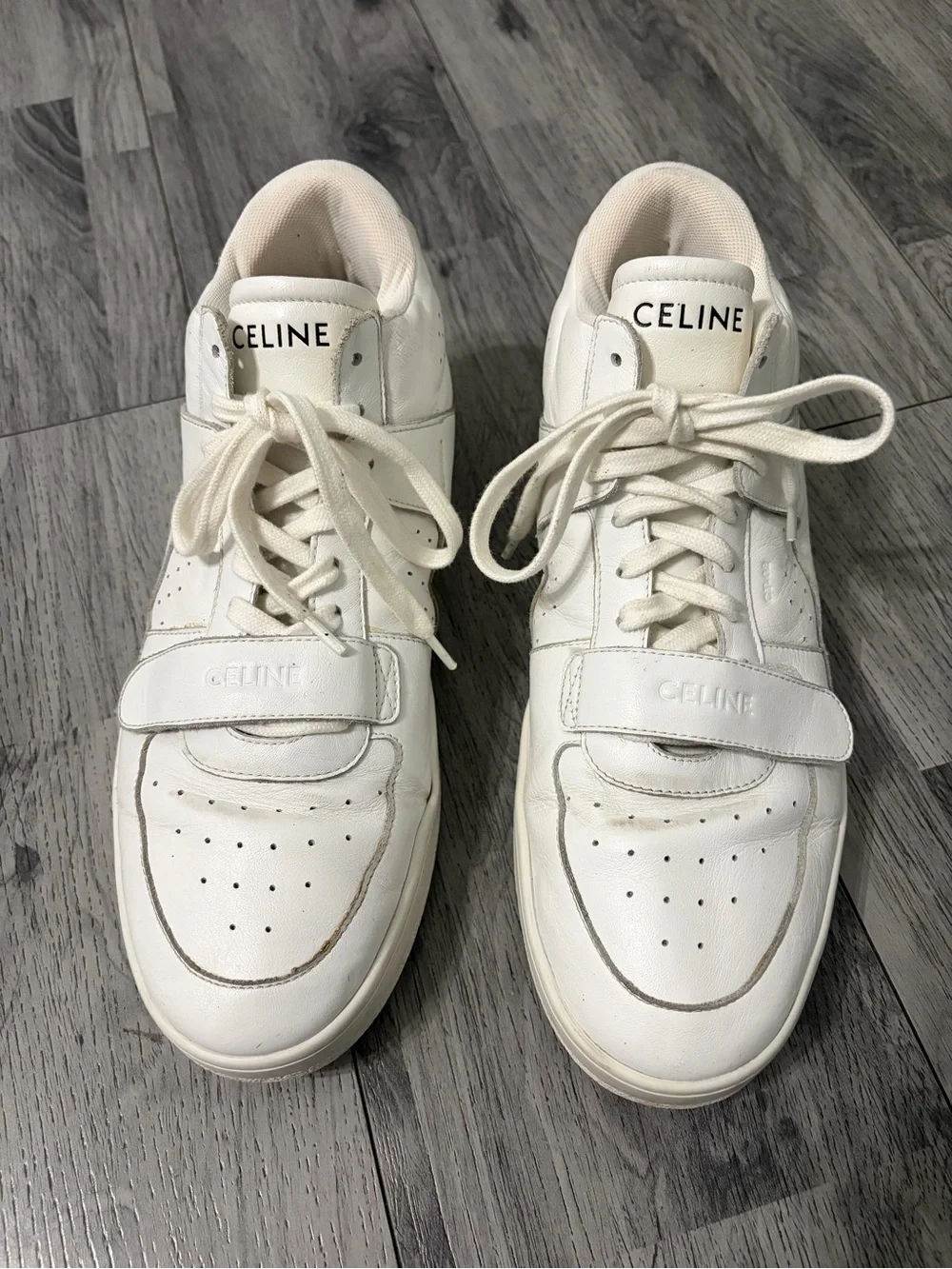 Celine CT-02 Mid Top White Leather Sneakers with Strap